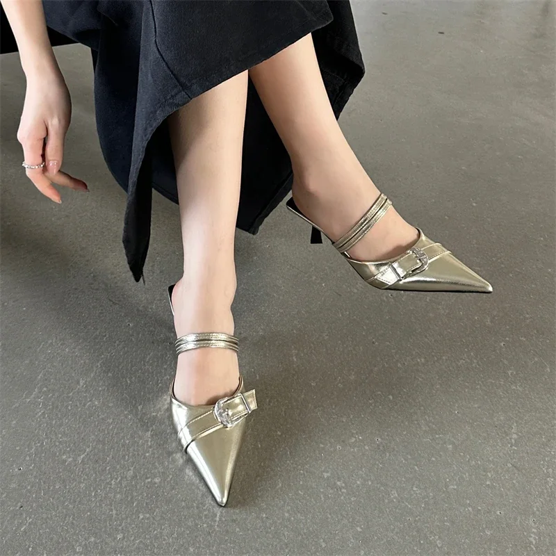 Elegant Buckle Strap Design Pointed Toe Shallow Kitten High Heel