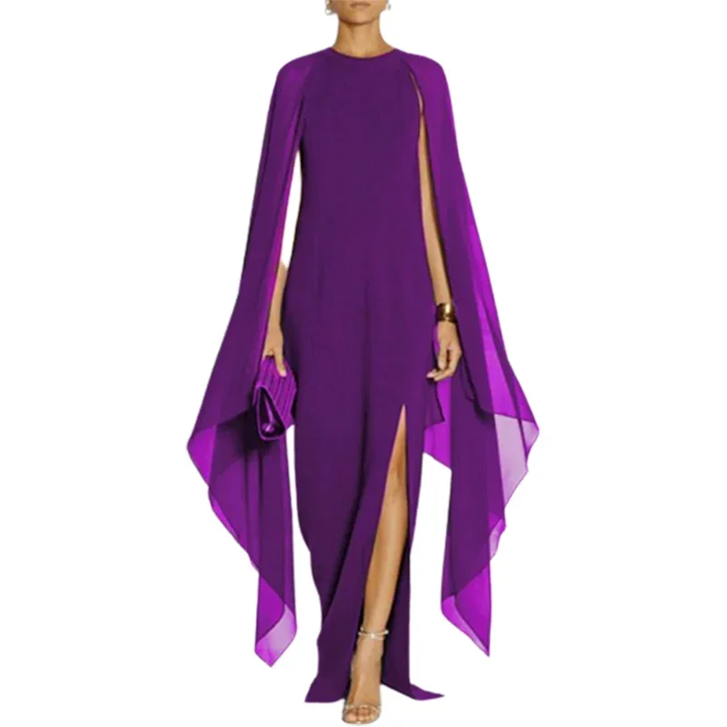 Elegant Cape Sleeves Solid Color Split-side Party Banquet Evening Dresses - Image 3