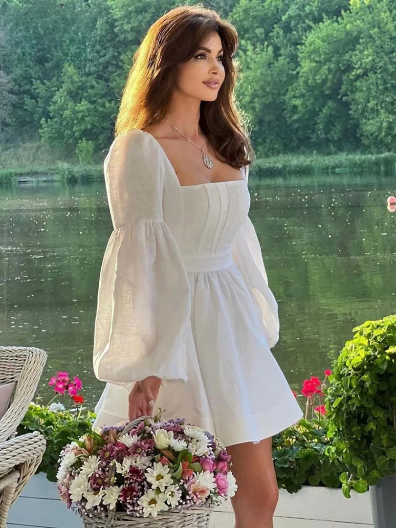 Elegant Casual Fashion Square Neck Puff Sleeve High Waisted Mini Dresses - Image 4