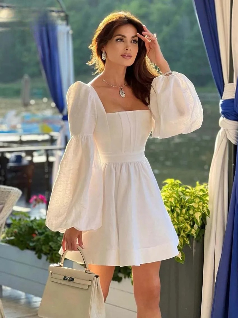 Elegant Casual Fashion Square Neck Puff Sleeve High Waisted Mini Dresses - Image 3
