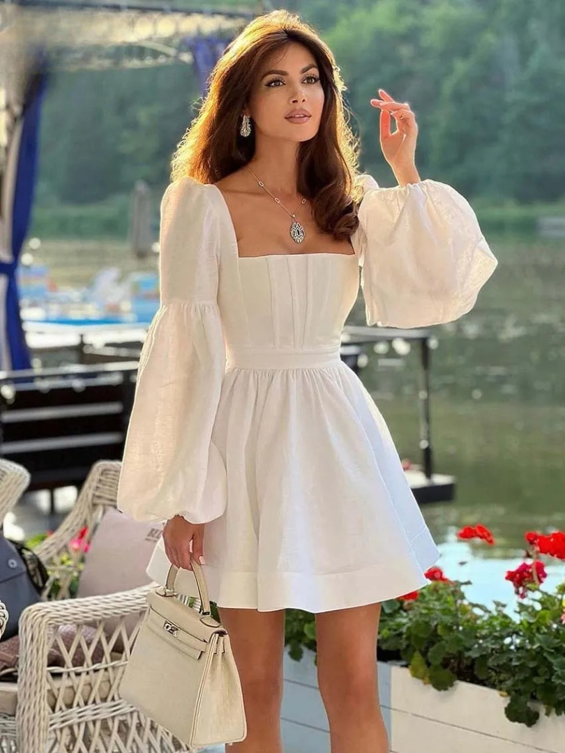 Elegant Casual Fashion Square Neck Puff Sleeve High Waisted Mini Dresses