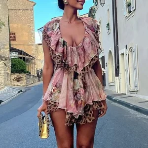 Elegant Casual Sleeveless Pleat Ruffle Deep V-neck Print Hollow Chiffon Mini Dress