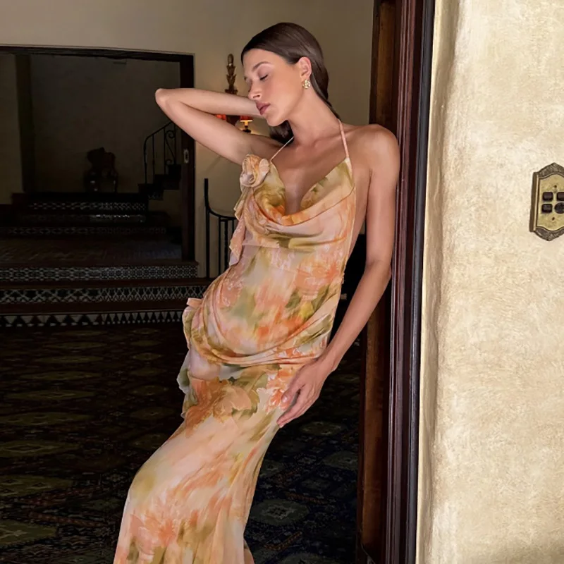 Elegant Chic 3D Floral Printed Halter Backless Sleeveless Holidays Party Dress - Image 5