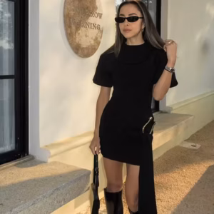 Elegant Chic O Neck Short Sleeves Patchwork Ribbon Vestidos Mini Dress