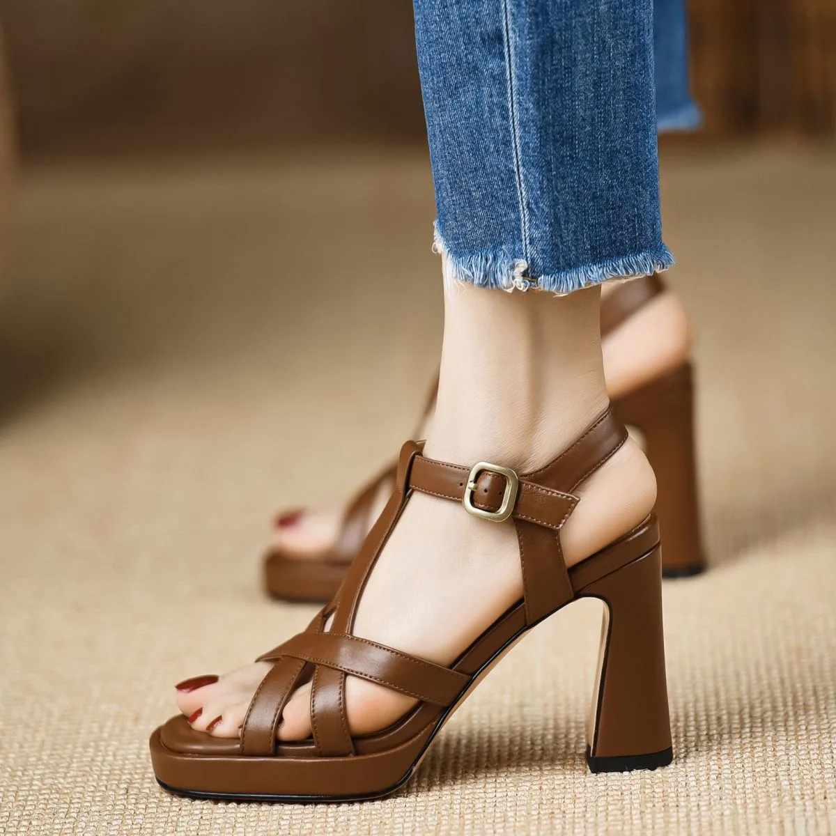 Elegant Chunky Leather Platform Sling-back Open Toe High Heels Sandals - Image 8