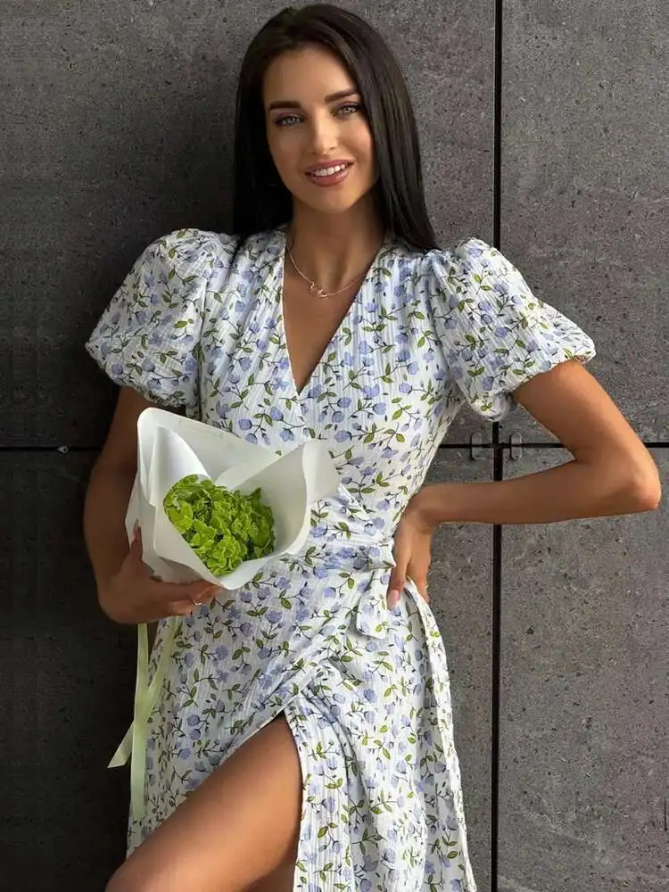 Elegant Cotton A-line Muslin With Side Slits Flowers Midi Dresses - Image 12