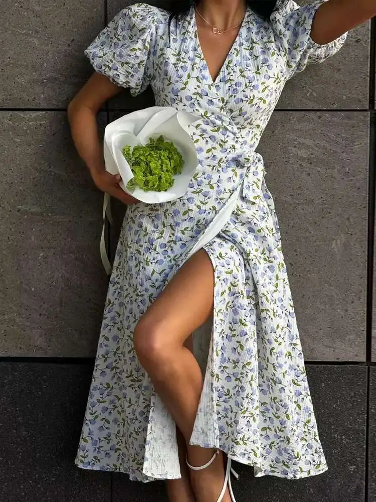 Elegant Cotton A-line Muslin With Side Slits Flowers Midi Dresses - Image 13