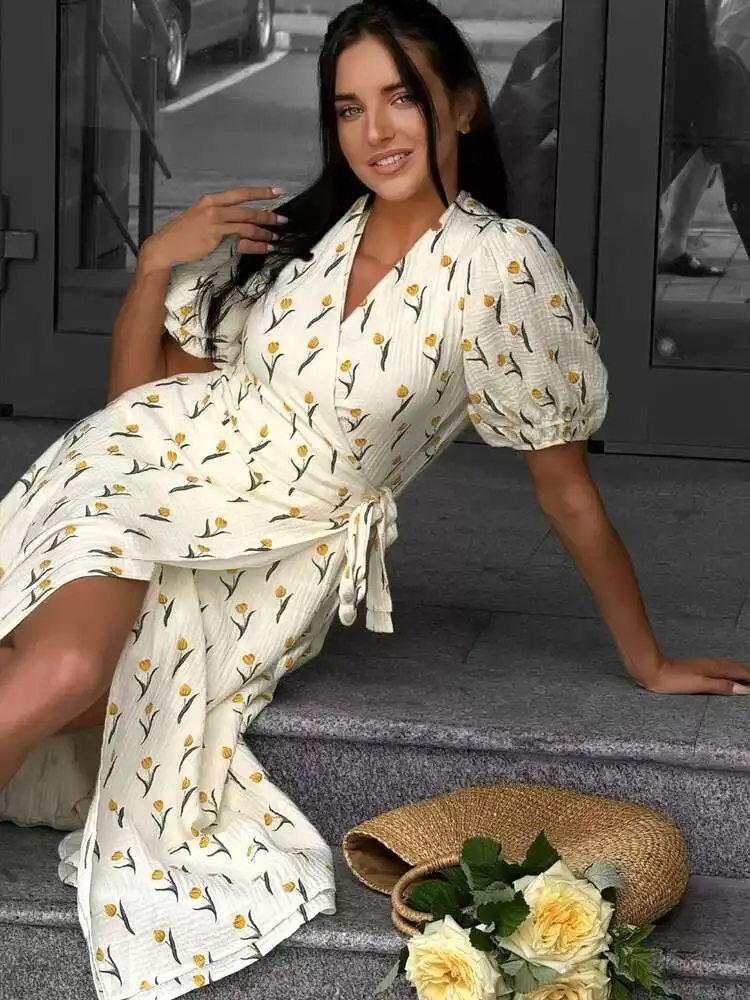 Elegant Cotton A-line Muslin With Side Slits Flowers Midi Dresses - Image 2