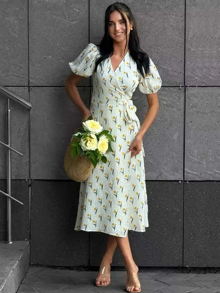 Elegant Cotton A-line Muslin With Side Slits Flowers Midi Dresses