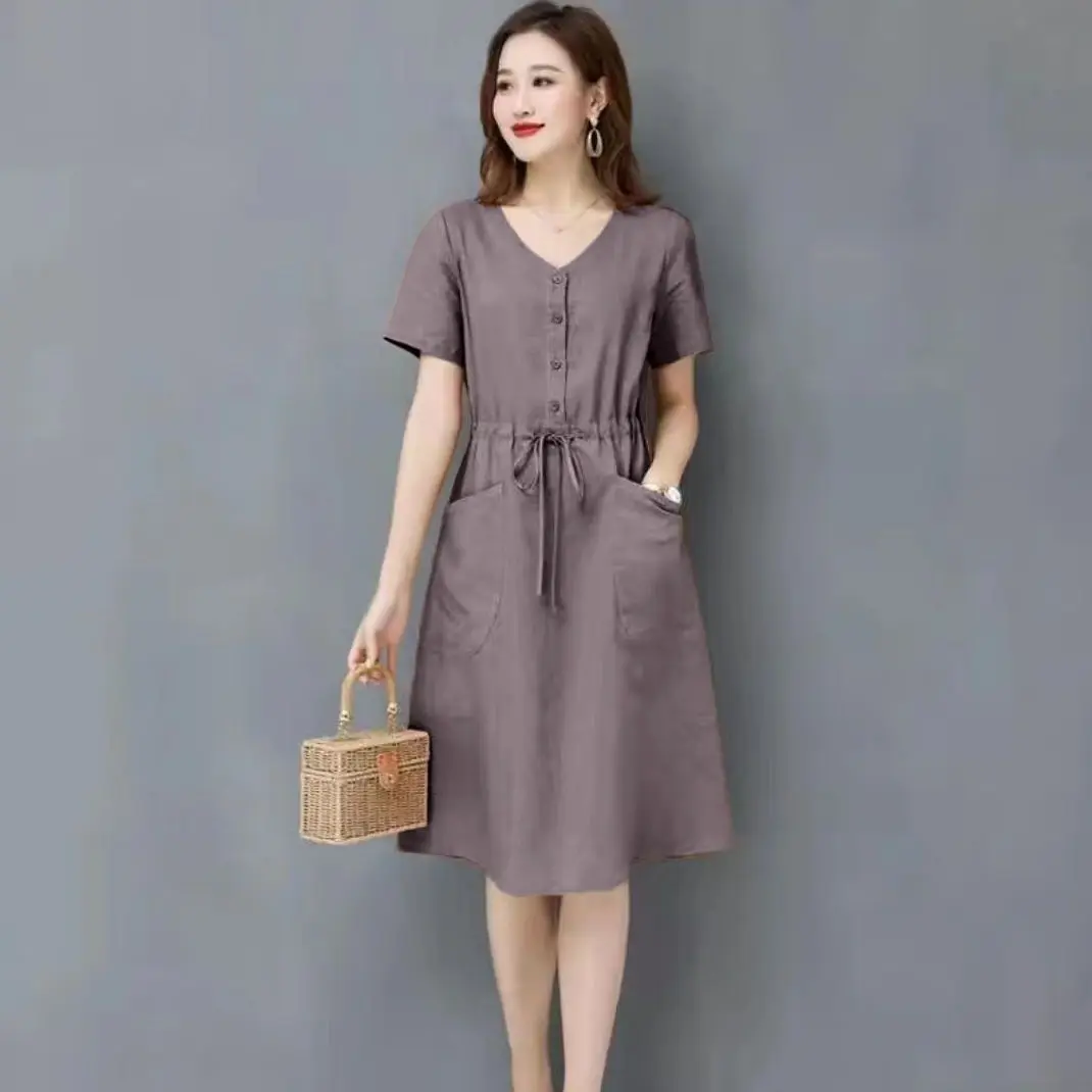 Elegant Cotton Linen Draw String High Waist Breathable Dresses - Image 12