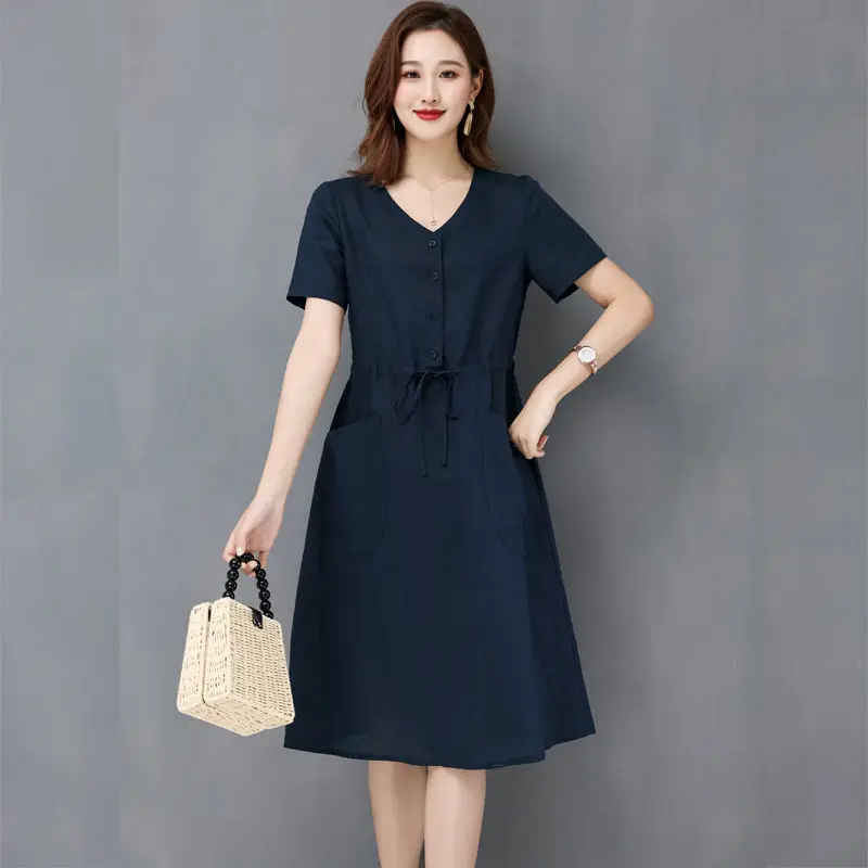 Elegant Cotton Linen Draw String High Waist Breathable Dresses - Image 2