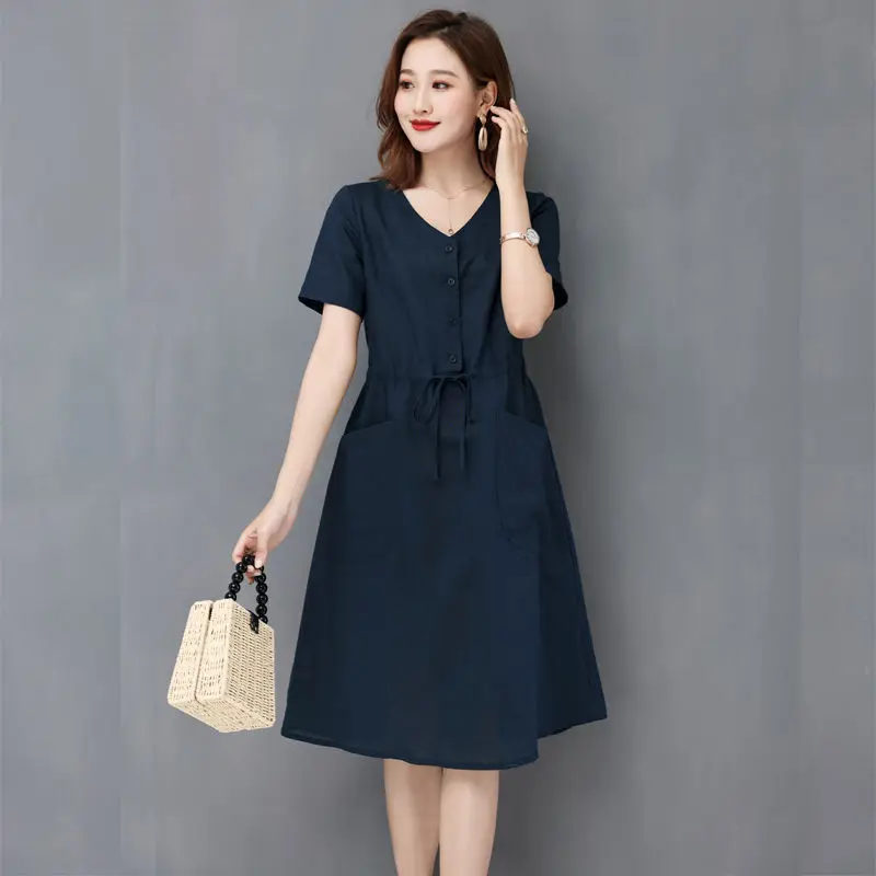 Elegant Cotton Linen Draw String High Waist Breathable Dresses - Image 3