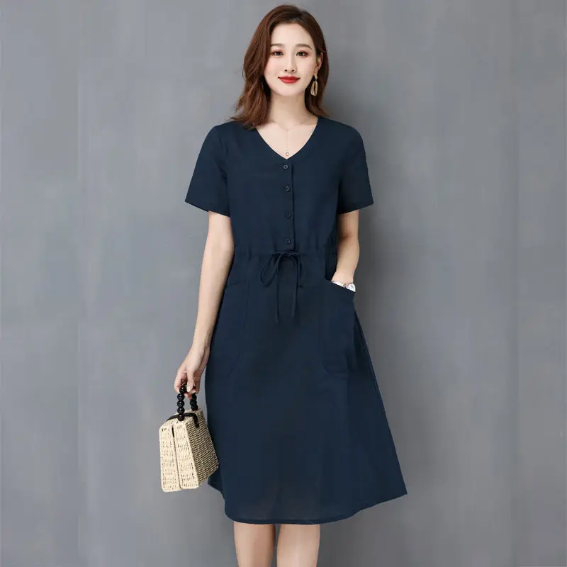 Elegant Cotton Linen Draw String High Waist Breathable Dresses - Image 4