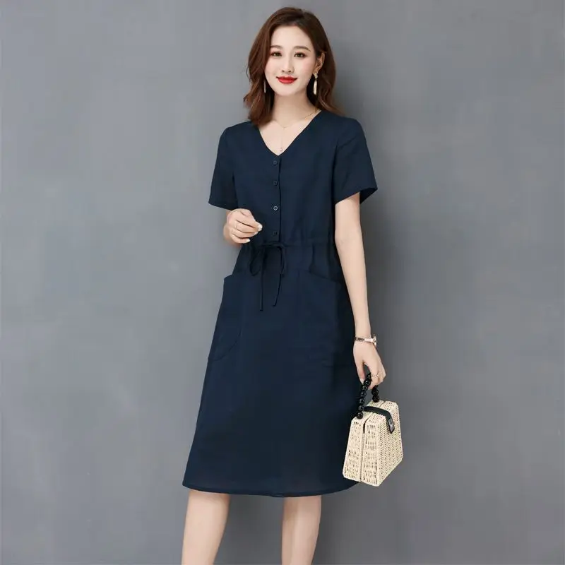 Elegant Cotton Linen Draw String High Waist Breathable Dresses - Image 5