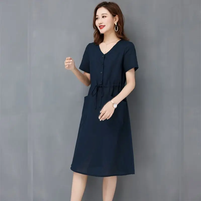 Elegant Cotton Linen Draw String High Waist Breathable Dresses - Image 6