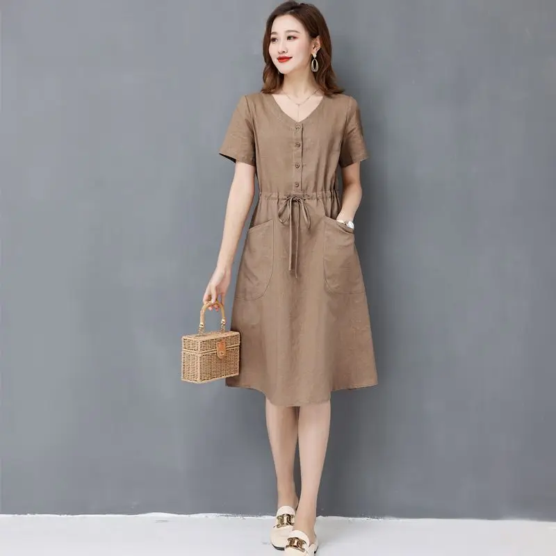 Elegant Cotton Linen Draw String High Waist Breathable Dresses - Image 8
