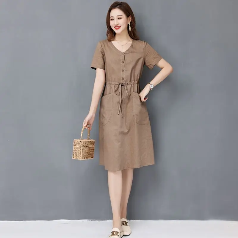 Elegant Cotton Linen Draw String High Waist Breathable Dresses - Image 9
