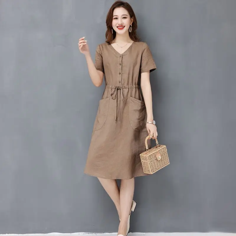 Elegant Cotton Linen Draw String High Waist Breathable Dresses - Image 10