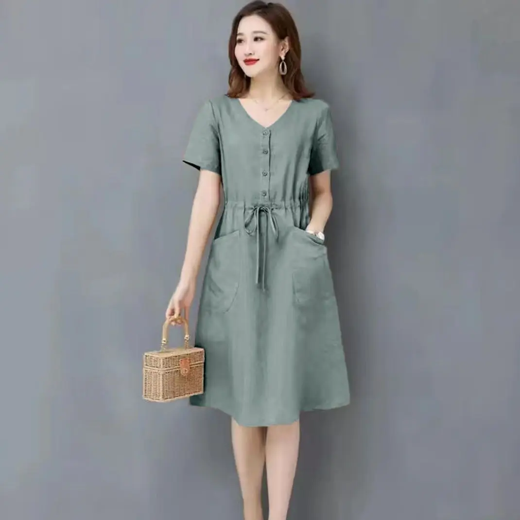 Elegant Cotton Linen Draw String High Waist Breathable Dresses - Image 13