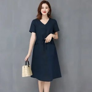 Elegant Cotton Linen Draw String High Waist Breathable Dresses