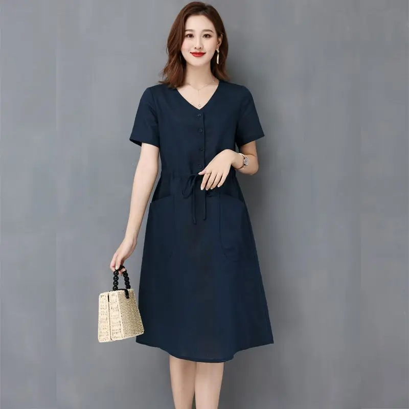 Elegant Cotton Linen Draw String High Waist Breathable Dresses