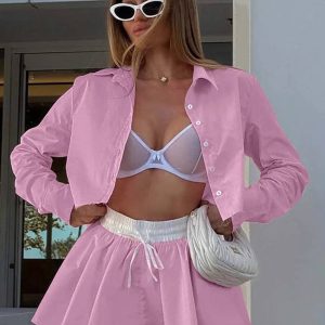 Elegant Cotton Long Sleeve Single Breasted Crop Shirts Drawstring Mini Skirts Set