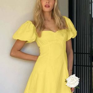 Elegant Cotton Square Neck Short Sleeve Open Back Lace-Up Mini Dress