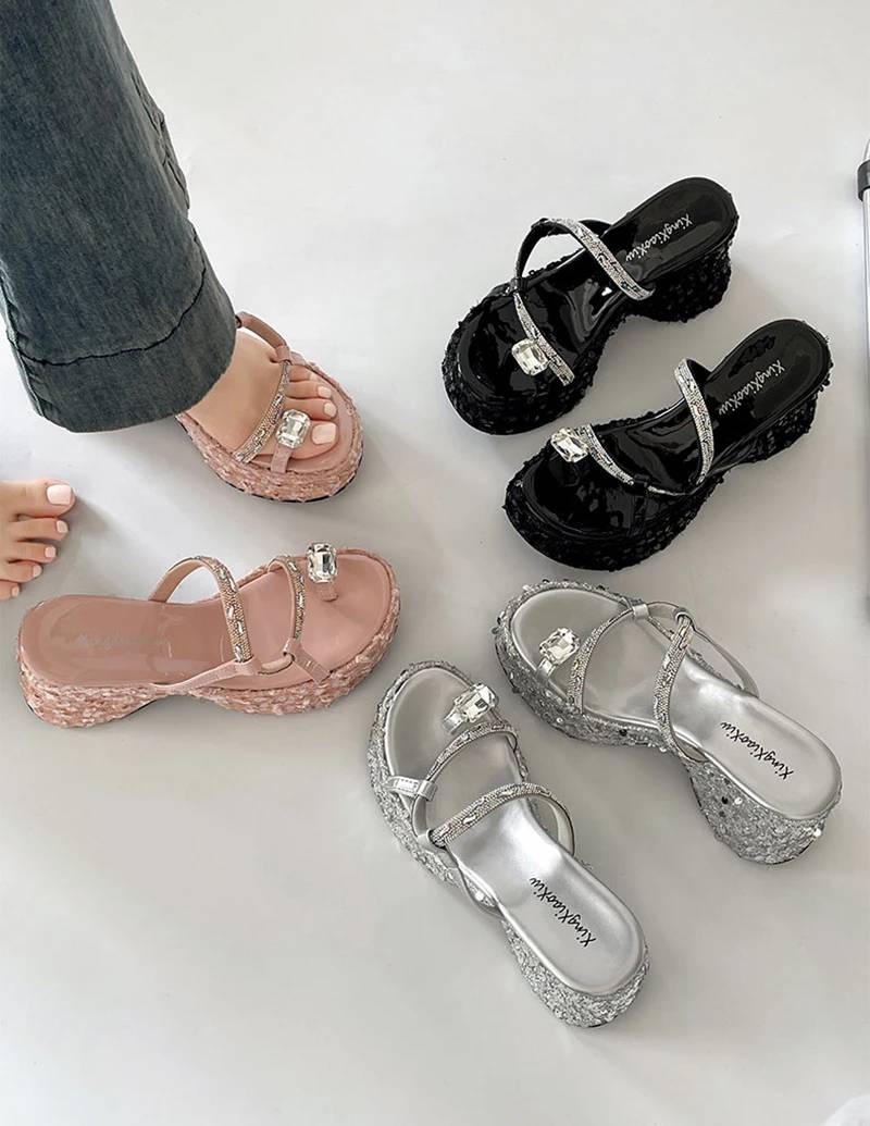 Elegant Crystal Narrow Band Platform Thick Bottom Wedges Heel Slides Sandals - Image 13