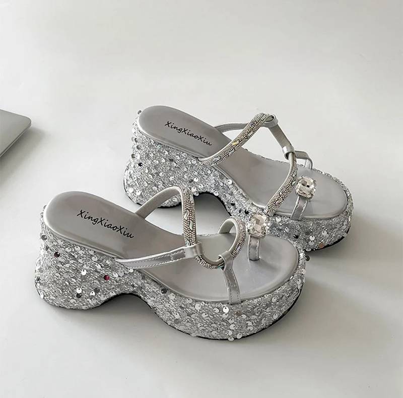 Elegant Crystal Narrow Band Platform Thick Bottom Wedges Heel Slides Sandals - Image 12