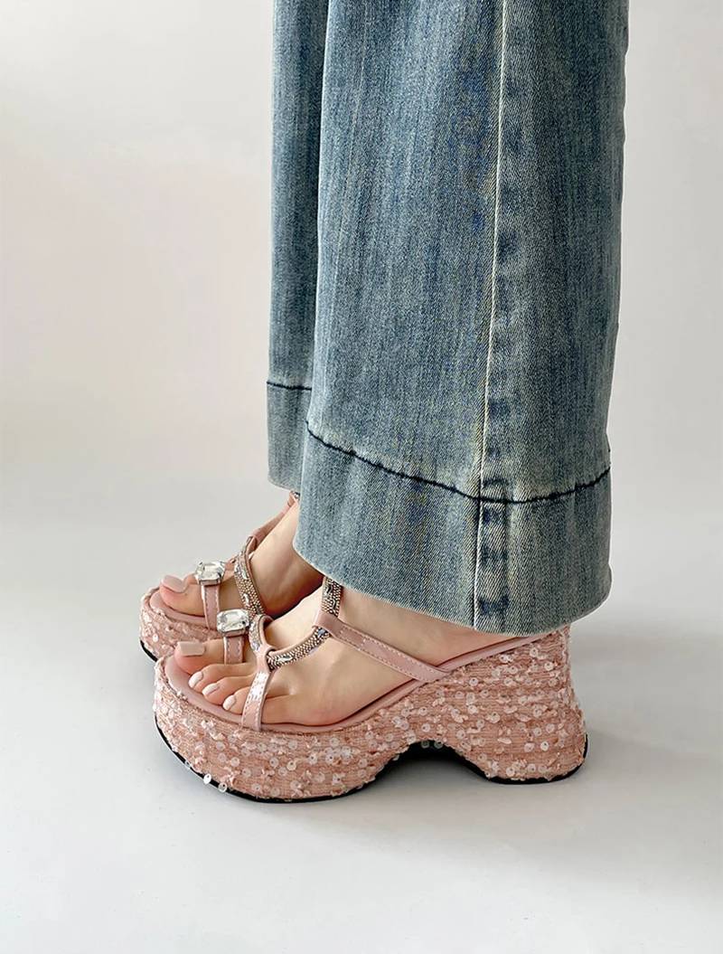 Elegant Crystal Narrow Band Platform Thick Bottom Wedges Heel Slides Sandals - Image 2
