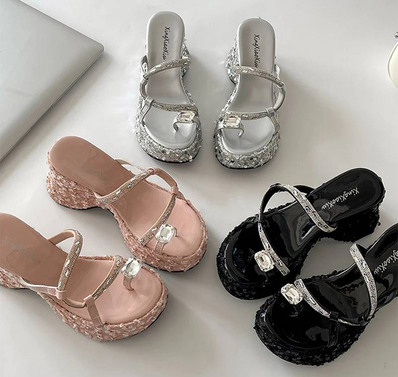Elegant Crystal Narrow Band Platform Thick Bottom Wedges Heel Slides Sandals - Image 14