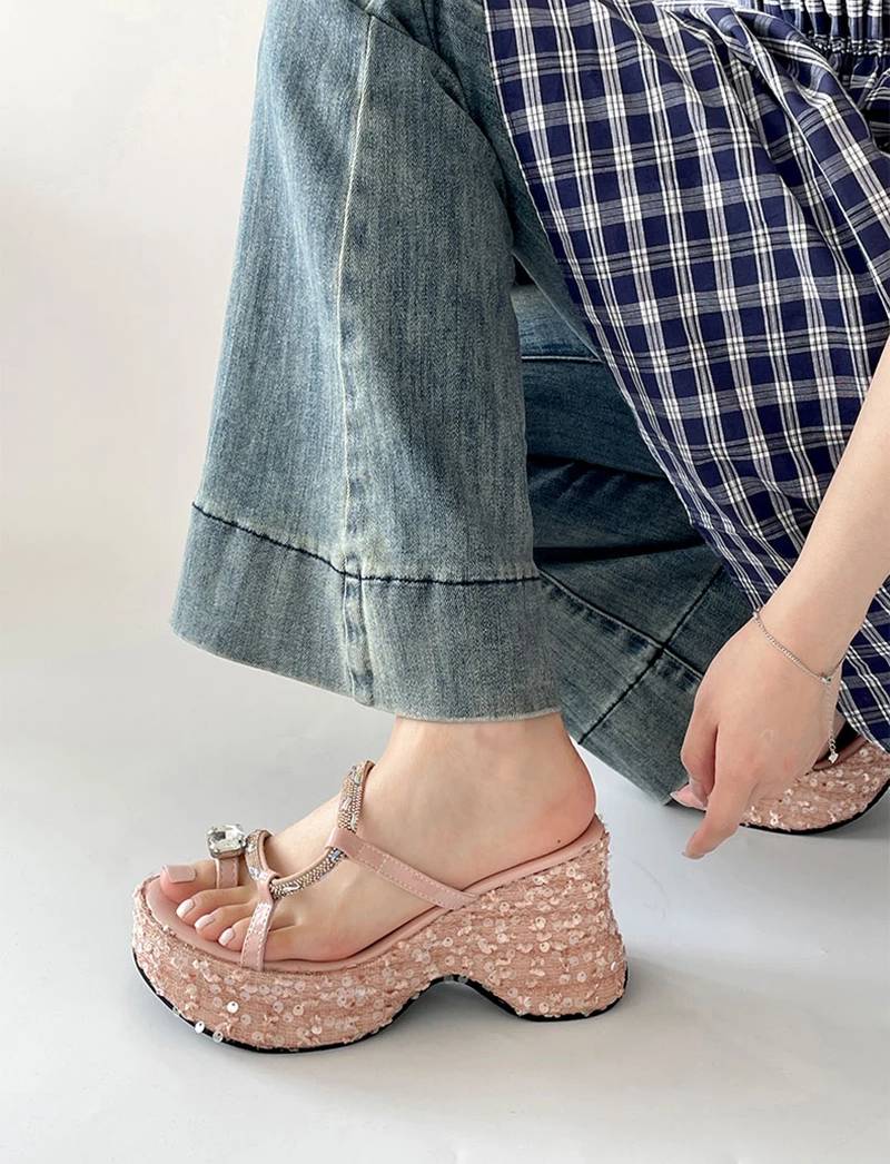Elegant Crystal Narrow Band Platform Thick Bottom Wedges Heel Slides Sandals - Image 3