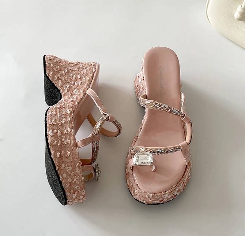 Elegant Crystal Narrow Band Platform Thick Bottom Wedges Heel Slides Sandals - Image 4