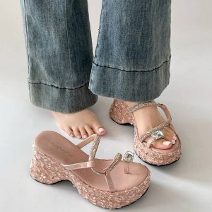 Elegant Crystal Narrow Band Platform Thick Bottom Wedges Heel Slides Sandals