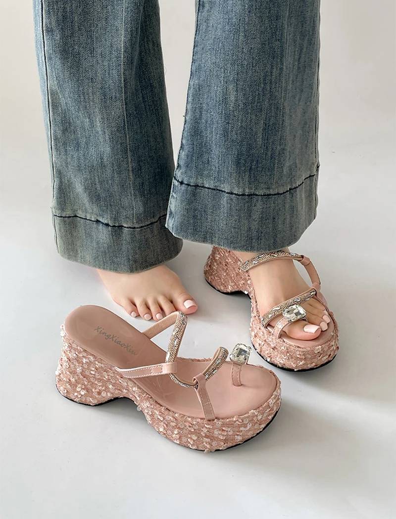 Elegant Crystal Narrow Band Platform Thick Bottom Wedges Heel Slides Sandals
