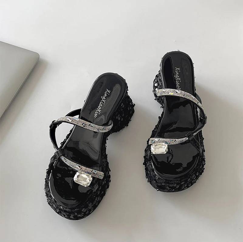 Elegant Crystal Narrow Band Platform Thick Bottom Wedges Heel Slides Sandals - Image 8