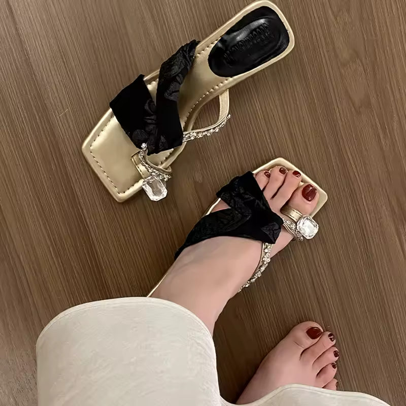 Elegant Square Toe Crystal Clip Toe Pull On High Heel Sandal - Image 3