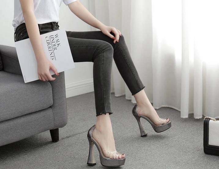 Elegant Design PVC Transparent Rhinestone Platform Peep Toes High Heels Pumps - Image 4