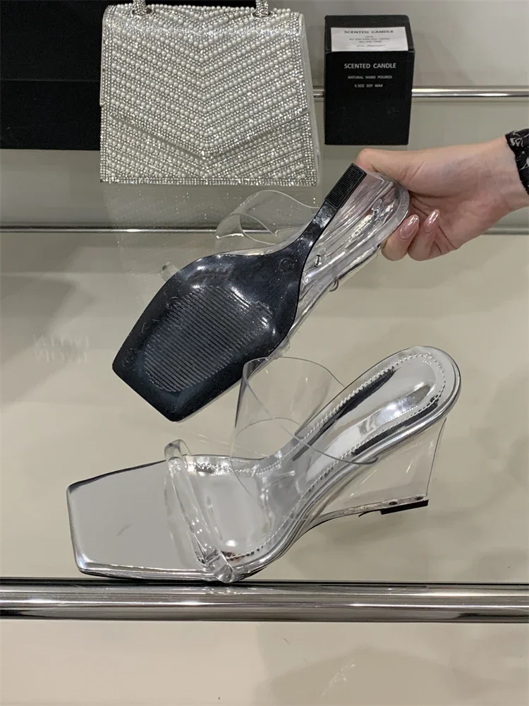 Elegant Designer Crystal PVC Transparent Square Wedges High Heels - Image 3