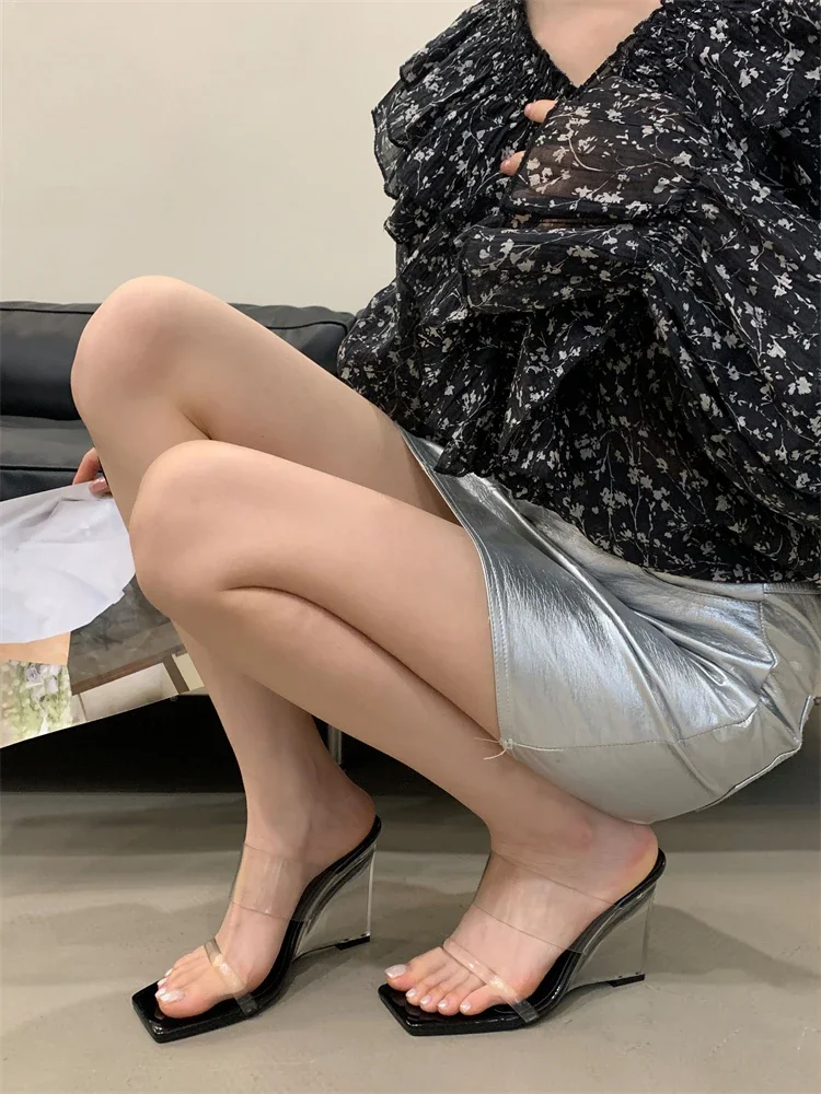 Elegant Designer Crystal PVC Transparent Square Wedges High Heels - Image 6