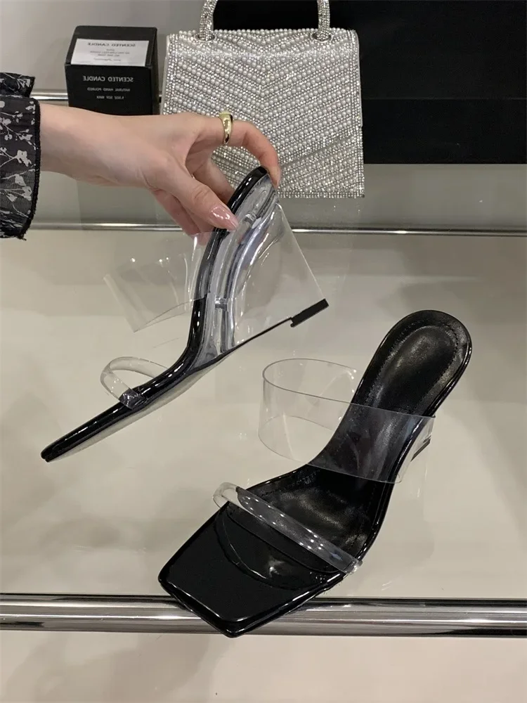 Elegant Designer Crystal PVC Transparent Square Wedges High Heels - Image 4