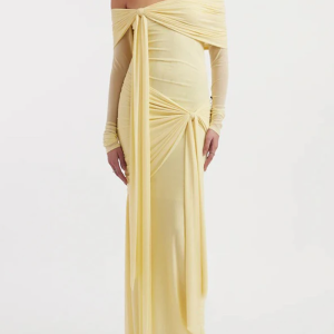 Elegant Designer Dress Slash Neck Asymmetric Long Sleeve Ribbon Shimming Dresses