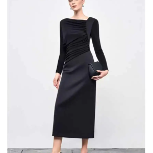 Elegant Diagonal Collar Long Sleeve Spliced High Waist Slimming Dresses
