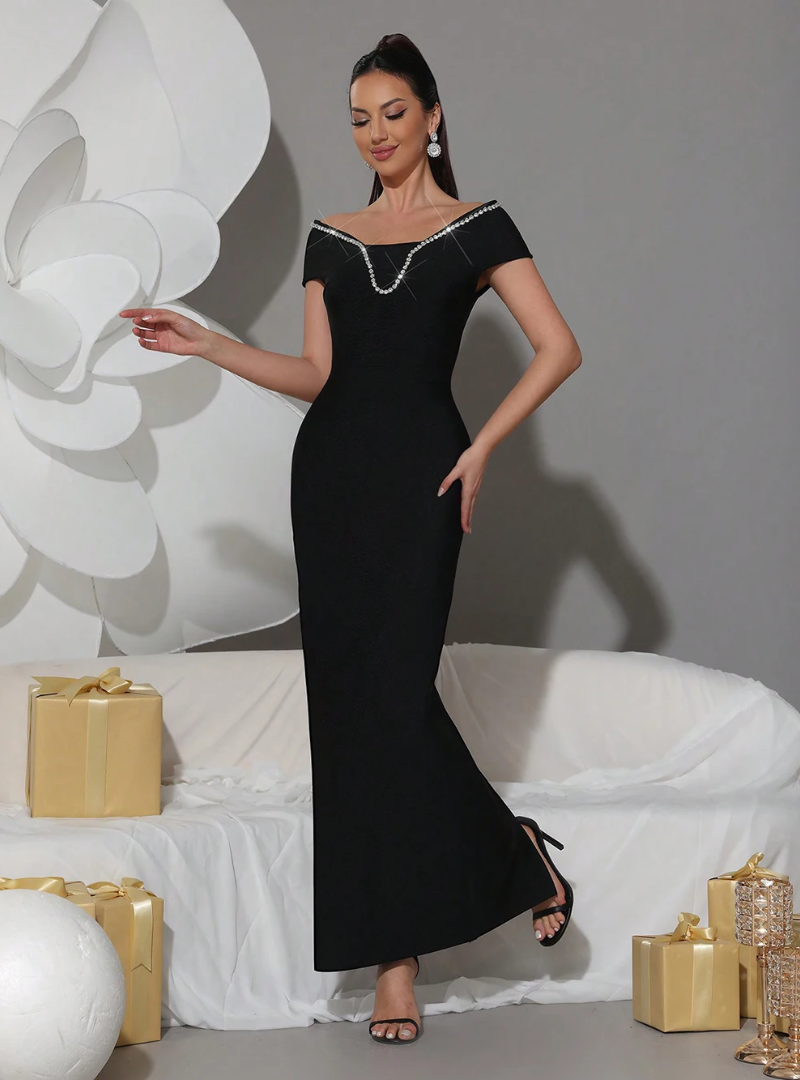 Elegant Diamond Off Shoulder Bandage Short Sleeved Crystal Prom Gown Dresses - Image 3