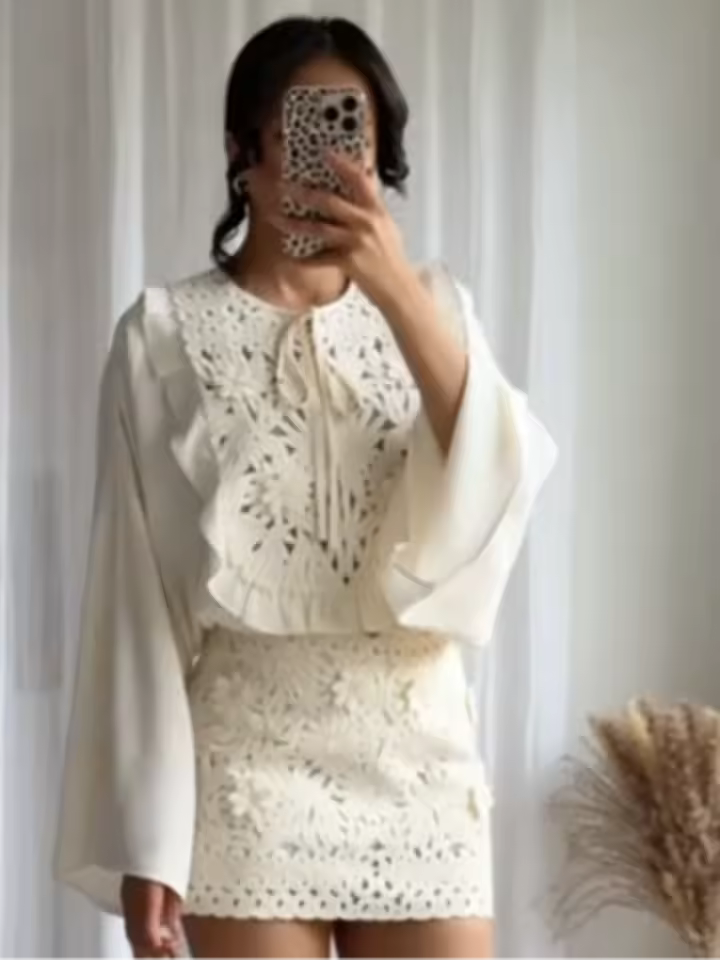 Elegant Embroidered Floral Shirt Flared Sleeves Round Necks Loose Tie Up Top Skirt Two Pcs set