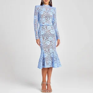 Elegant Embroidery Lace Crochet Hollow High-waist Bodycon Dresses