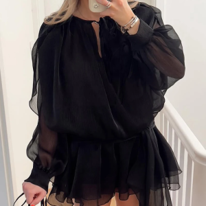 Elegant Fashion Classic Pleated Casual O-Neck Long Sleeve Loose Mini Dresses