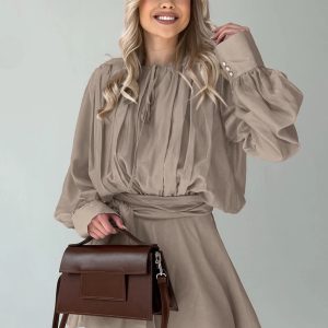 Elegant Fashion Long Sleeve Shirt With High Waist Pleated Mini Skirt Set