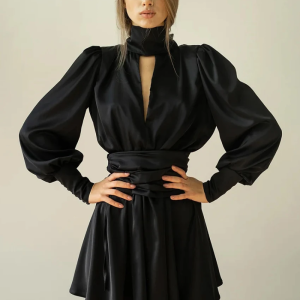 Elegant Fashion Loose Turtleneck Long Sleeve Streetwear Hollow Out Mini Dresses