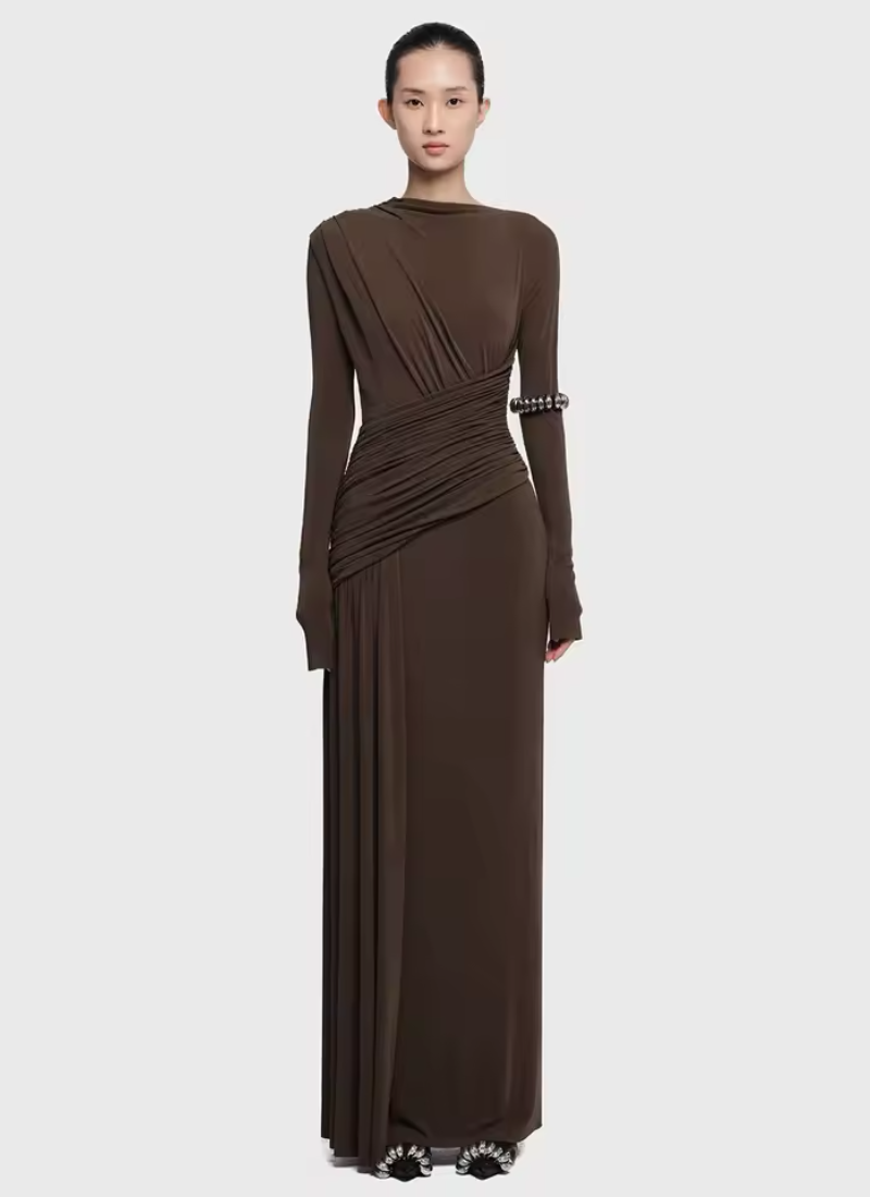 Elegant Fashion Pleated Long Sleeve High Waist Slimming Party Dresses